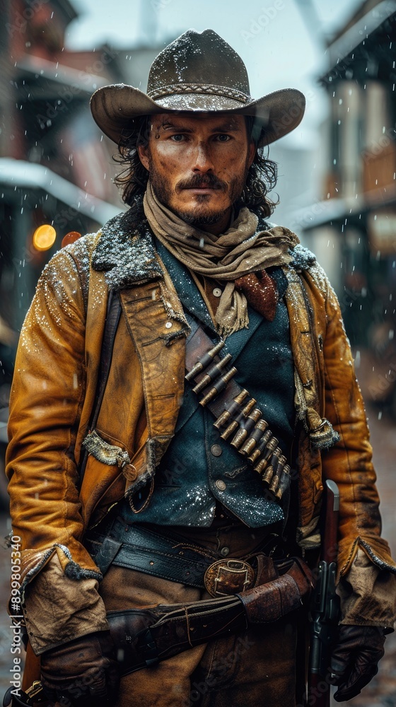 Western movie shot, front view of a cowboy ready to do a duel in middle of a wild west town Western movie shot, front view of a cowboy ready to do a duel in middle of a wild west town