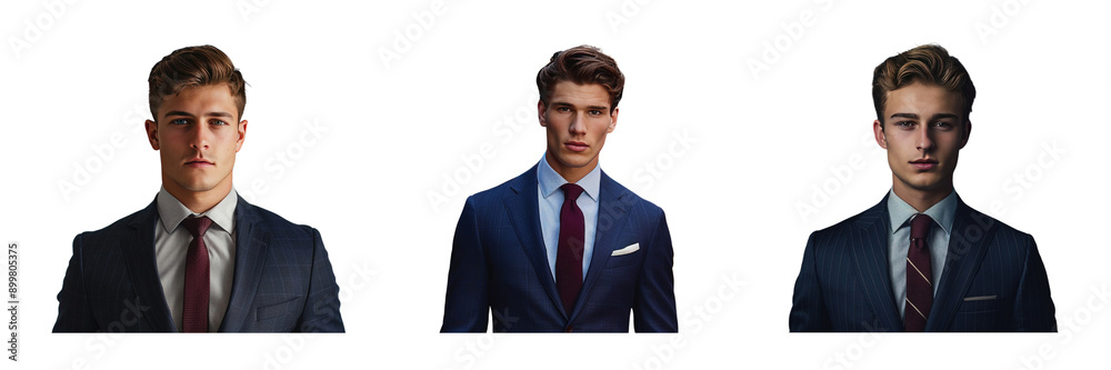 Set of portrait poised and facing forward guy , wearing a bespoke navy suit with subtle pinstripes, a light grey shirt isolated on a transparent background Set of portrait poised and facing forward guy , wearing a bespoke navy suit with subtle pinstripes, a light grey shirt isolated on a transparent background