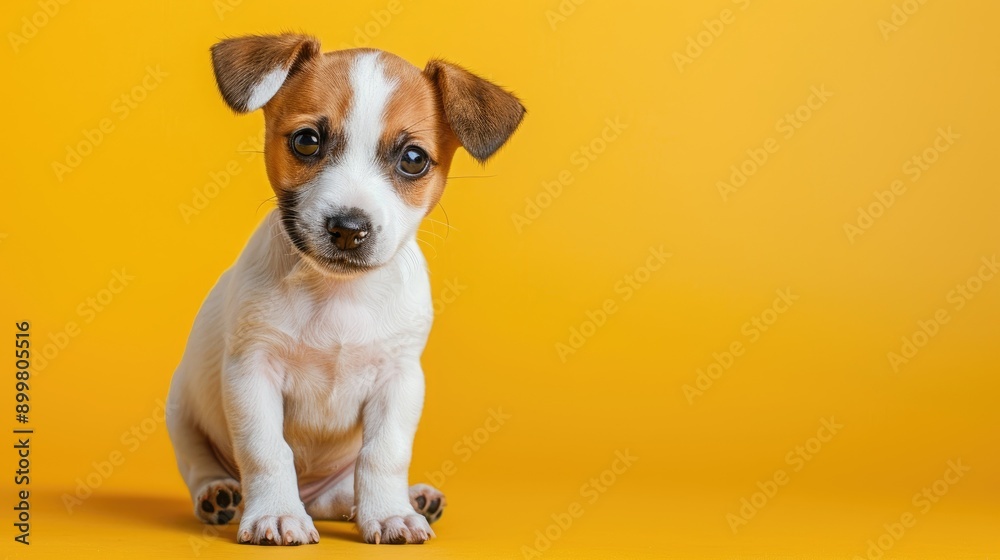 Adorable Two Month Old Jack Russell Terrier Puppy with Folded Ears on Yellow Background