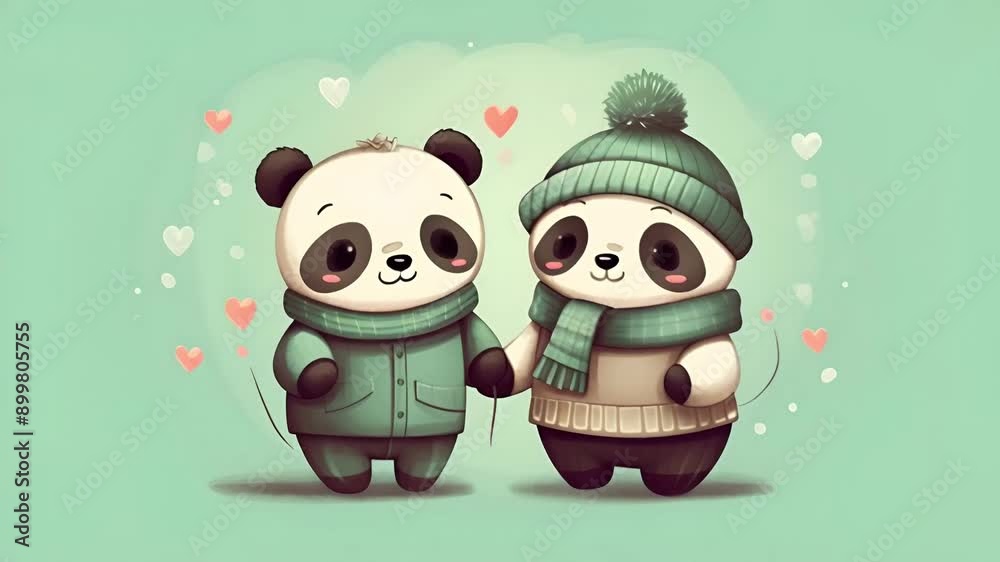 Cartoon couple of pandas in love celebrating valentine's day on pastel background Cartoon couple of pandas in love celebrating valentine's day on pastel background