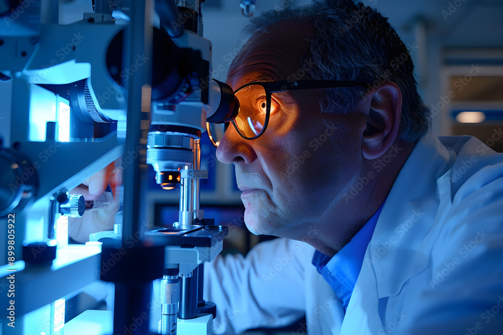 A person who has his or her eyesight checked with a machine by an eye doctor A person who has his or her eyesight checked with a machine by an eye doctor