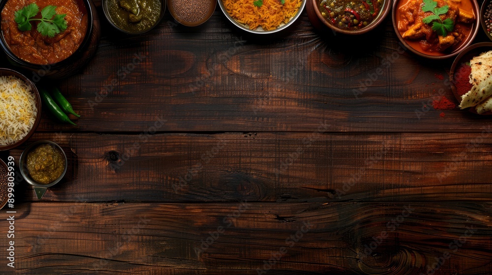 Assorted indian food on dark wooden background. Dishes of indian cuisine. Curry, butter chicken, rice, lentils, paneer, samosa, naan, chutney, spices, Bowls and plates with indian food, copy space Assorted indian food on dark wooden background. Dishes of indian cuisine. Curry, butter chicken, rice, lentils, paneer, samosa, naan, chutney, spices, Bowls and plates with indian food, copy space