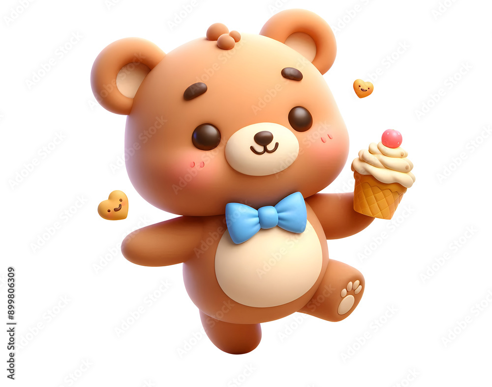 Obraz premium cute baby bear doll with ice cream 3d illustration isolated on a transparent background