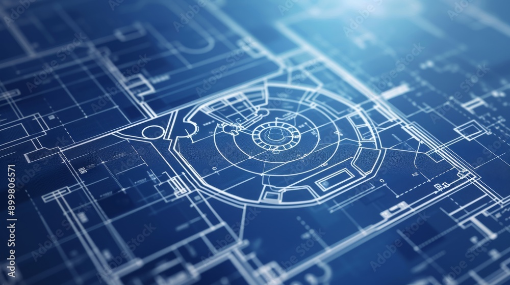 Fototapeta premium A close-up view of a highly detailed architectural blueprint in blue tones, showcasing intricate designs and floor plans. Perfect for illustrating engineering, planning, and architectural concepts.