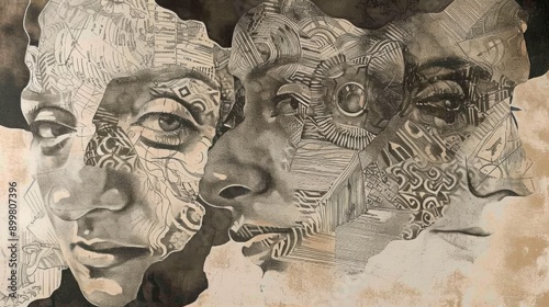 Wallpaper Mural This intricate artwork presents three overlapping human faces adorned with elaborate patterns and textures. The detailed illustration combines facial features with abstract designs, creating a complex Torontodigital.ca