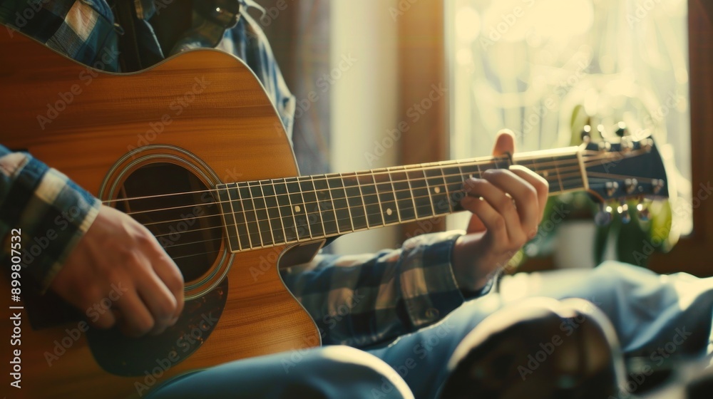 Fototapeta premium Man playing acoustic guitar, covering online course AI generated