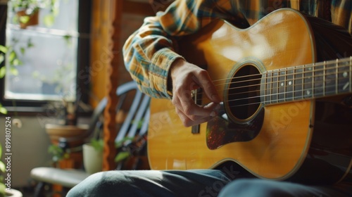 Man playing acoustic guitar, covering online course AI generated photo