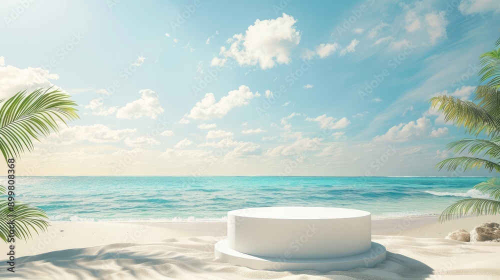A stylish podium on a sandy beach, with a view of the peaceful sea and bright, sunny skies. The scene is ideal for product showcases or banner advertisements with a summery, relaxed vibe. A stylish podium on a sandy beach, with a view of the peaceful sea and bright, sunny skies. The scene is ideal for product showcases or banner advertisements with a summery, relaxed vibe.