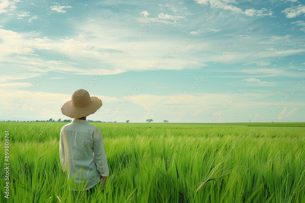 Woman farming in a vast green field, depicting agriculture, sustainability, or rural life, with copyspace Woman farming in a vast green field, depicting agriculture, sustainability, or rural life, with copyspace