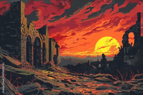 Desolate ruins under a setting sun in pixel art style photo