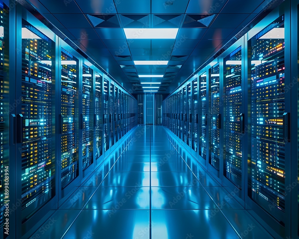 High Tech Data Center with Rows of Servers and Cooling Systems for Monitoring the Infrastructure High Tech Data Center with Rows of Servers and Cooling Systems for Monitoring the Infrastructure
