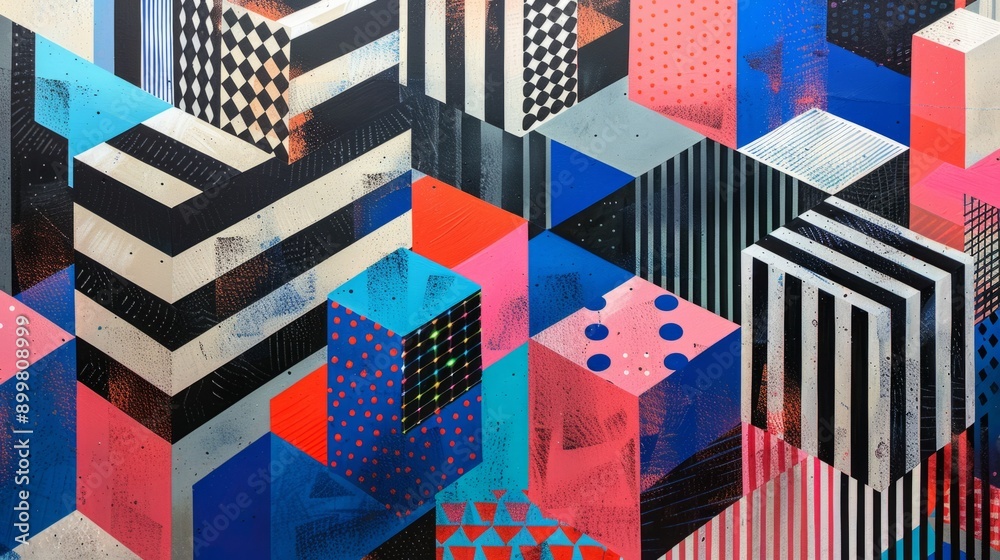 Abstract geometric pattern of multi-colored cubes of different shapes and sizes. Futuristic background design. Abstract geometric pattern of multi-colored cubes of different shapes and sizes. Futuristic background design.