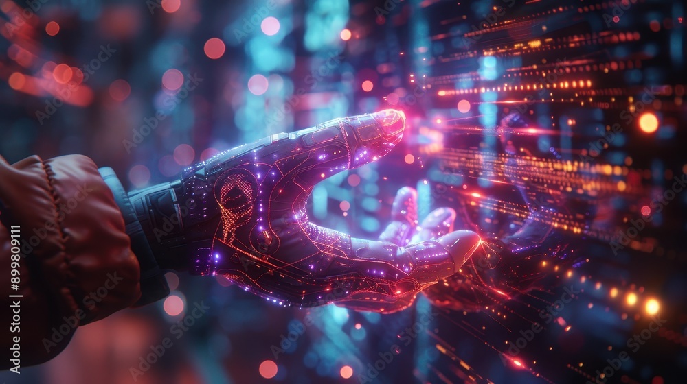 A person with high-tech gloves, interacting with holograms emerging from the gloves. A person with high-tech gloves, interacting with holograms emerging from the gloves.