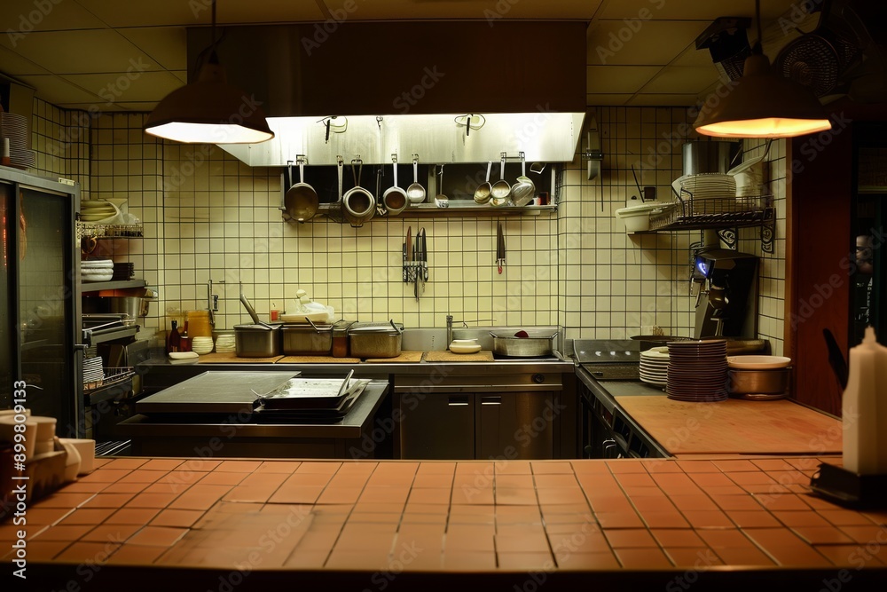 A busy kitchen with an extensive array of pots and pans hanging from racks and stacked on shelves, Italian restaurant kitchen unattended after closing time, AI Generated A busy kitchen with an extensive array of pots and pans hanging from racks and stacked on shelves, Italian restaurant kitchen unattended after closing time, AI Generated