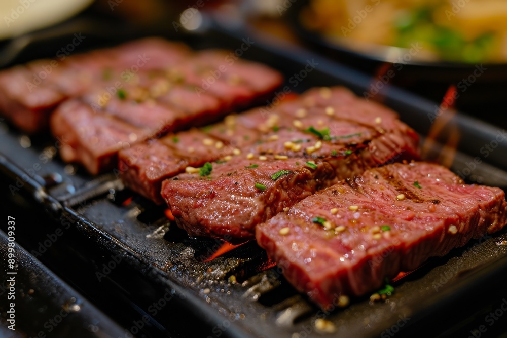 A detailed view of meat cooking on a grill, showcasing the grilling process and the juicy tenderness of the meat, Japanese Wagyu Beef BBQ in a hot grilling pan, AI Generated A detailed view of meat cooking on a grill, showcasing the grilling process and the juicy tenderness of the meat, Japanese Wagyu Beef BBQ in a hot grilling pan, AI Generated