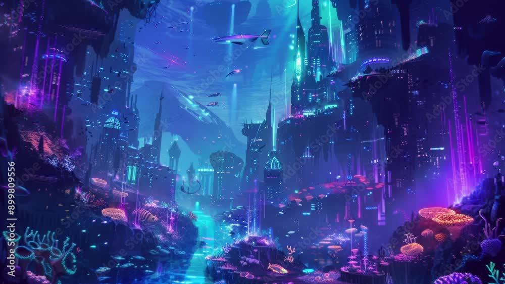 Synthwave underwater city with glowing coral reefs and neon-lit buildings. Seamless Loop Animation Synthwave underwater city with glowing coral reefs and neon-lit buildings. Seamless Loop Animation