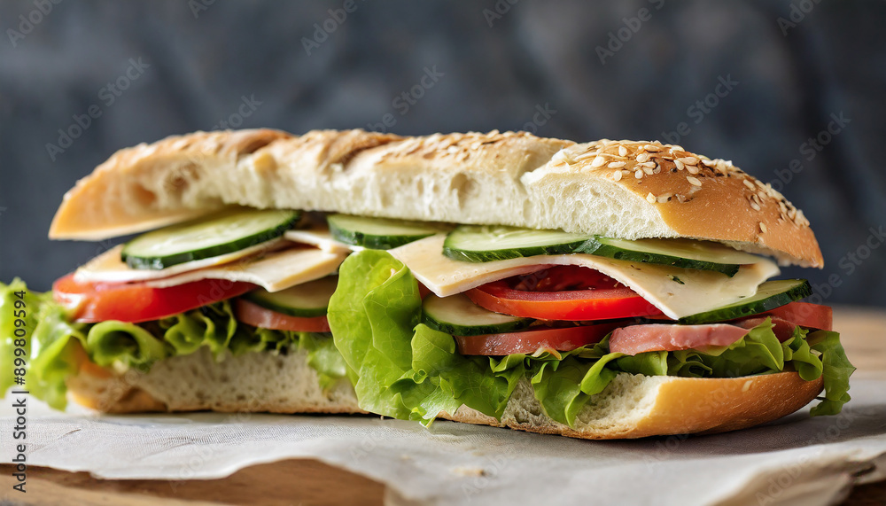 Fresh sandwich with ham, cheese, lettuce and tomatoes. Hearty home cooked fast food, tasty meal
