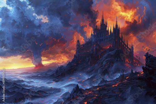 Dark castle towers over stormy sea of lava photo