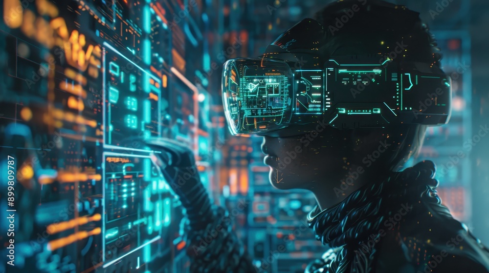 Fototapeta premium controlling holographic interfaces in a futuristic office, surrounded by advanced technology, neon lights, and floating data screens, vibrant colors.
