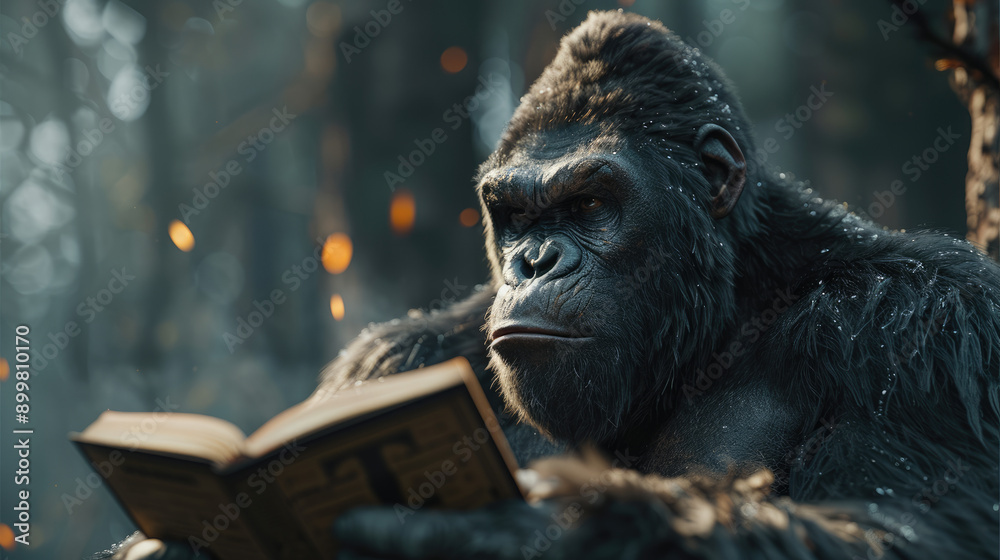 A close-up shot of a gorilla reading a book, capturing the detail in its facial features and the texture of its fur. A close-up shot of a gorilla reading a book, capturing the detail in its facial features and the texture of its fur.