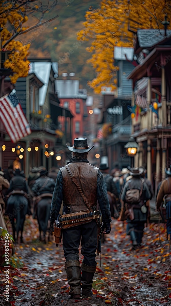 Western movie shot, front view of a cowboy ready to do a duel in middle of a wild west town Western movie shot, front view of a cowboy ready to do a duel in middle of a wild west town