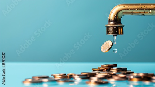 Gold drip faucet with gold coins dripping, isolated on blue background.