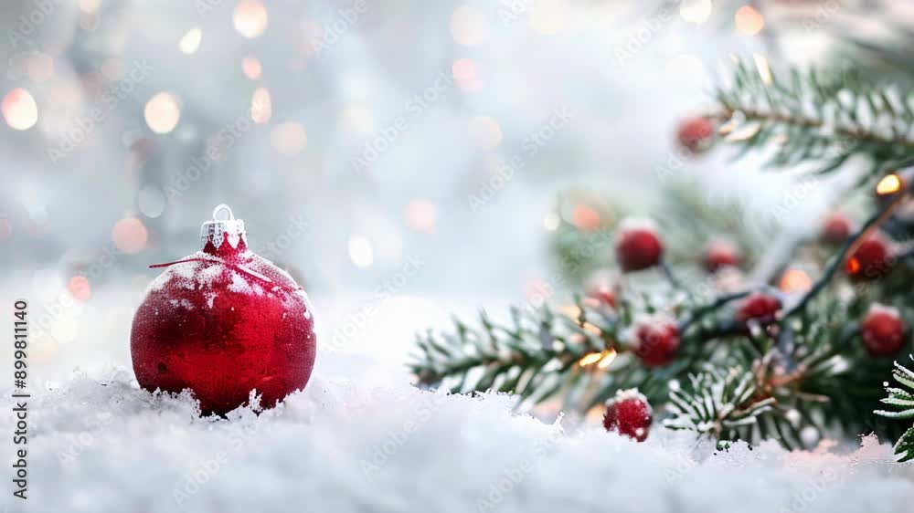 A beautifully shot 4K video focusing on a red Christmas ornament resting on snowy ground, with blurred festive lights and green pine branches in the background, exuding a serene holiday spirit A beautifully shot 4K video focusing on a red Christmas ornament resting on snowy ground, with blurred festive lights and green pine branches in the background, exuding a serene holiday spirit