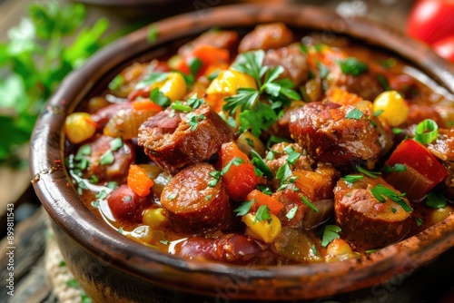 Close-up of Sausage and Vegetable Stew in a Clay Pot