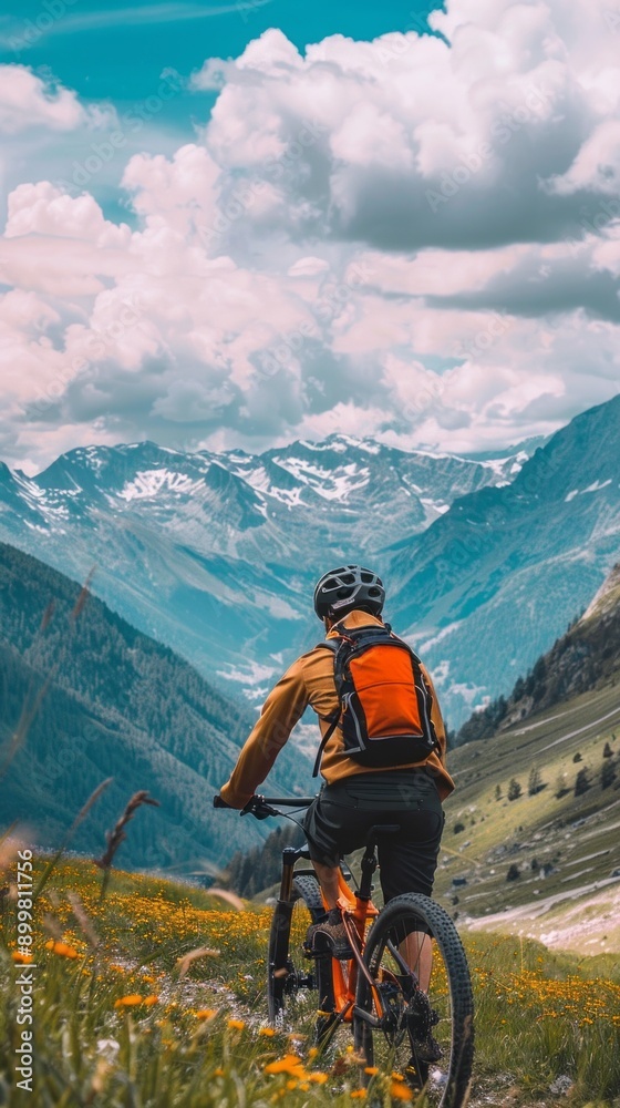 Fototapeta premium A man is riding a bike in a field with mountains in the background