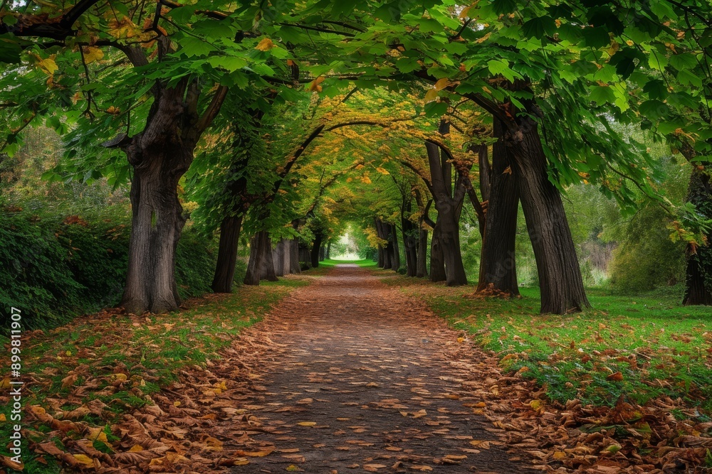 Naklejka premium A scenic path in a park surrounded by trees and covered with fallen leaves, Leaf-carpeted pathway under an old elm tree alley in a park, AI Generated