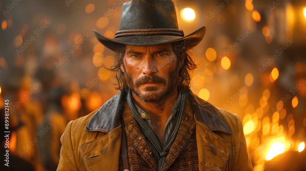 Western movie shot, front view of a cowboy ready to do a duel in the middle of a wild west town