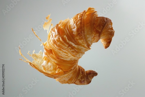 A Golden Croissant Suspended Mid-Air, Flakes of Dough Falling Away photo