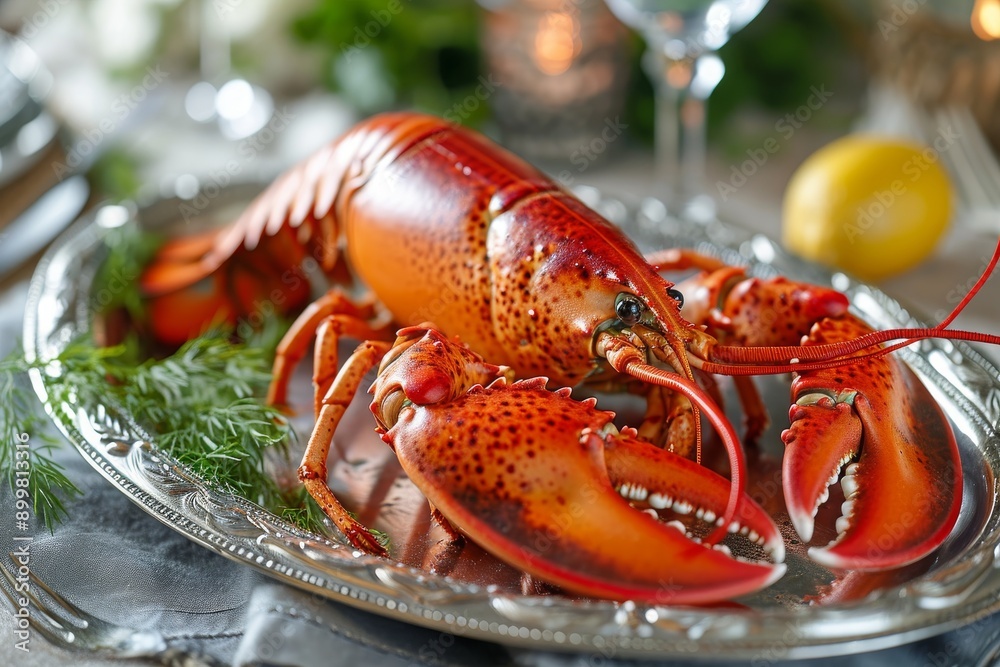 A plate filled with cooked lobsters is placed on a table, ready to be enjoyed, Lobster dinner served on a silver platter, AI Generated A plate filled with cooked lobsters is placed on a table, ready to be enjoyed, Lobster dinner served on a silver platter, AI Generated