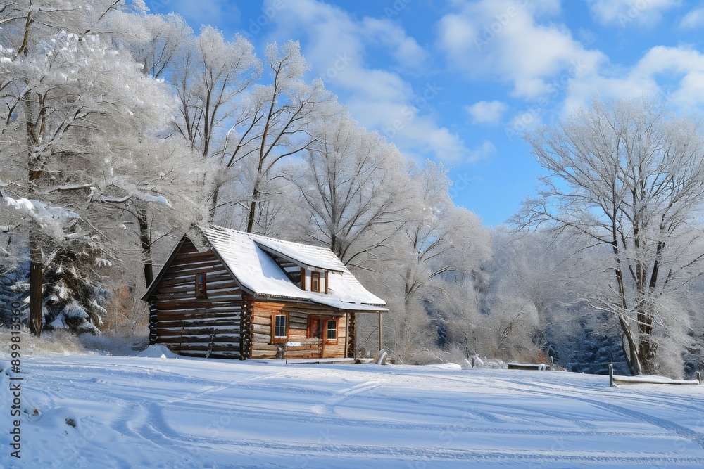 A cabin surrounded by untouched snow in the middle of a vast field, Log cabin in a snowy winter landscape, AI Generated A cabin surrounded by untouched snow in the middle of a vast field, Log cabin in a snowy winter landscape, AI Generated