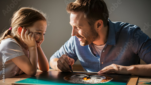 Father teaching his daughter to draw owls and paint in an art class. father and daughter girl enjoying drawing pictures in paper at home. Family activities and hobbies. Education art. photo