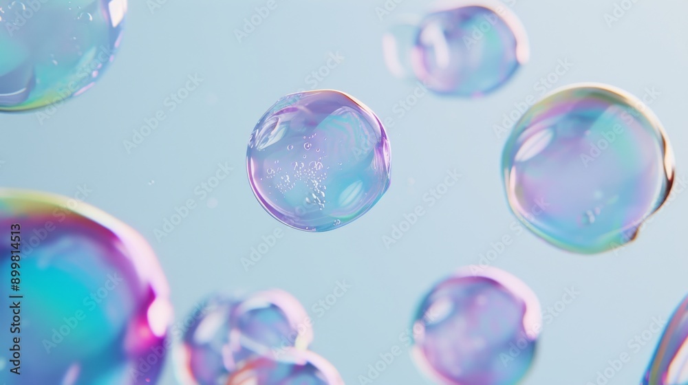 Iridescent soap bubbles floating in the air, against a plain or light background Iridescent soap bubbles floating in the air, against a plain or light background