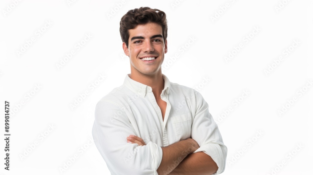 Happy male student standing confidently with his arms crossed, isolated on a white background Happy male student standing confidently with his arms crossed, isolated on a white background