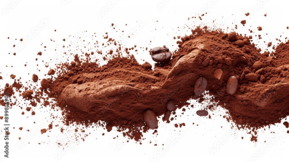 Cocoa or coffee powder being poured or in motion against a white background, Cocoa or coffee powder being poured or in motion against a white background,
