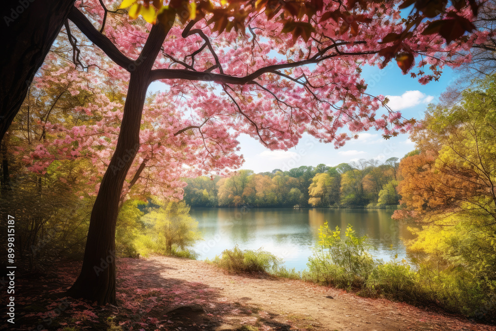 generated illustration of amidst the soft sunlightand blooming cherry trees by lake generated illustration of amidst the soft sunlightand blooming cherry trees by lake