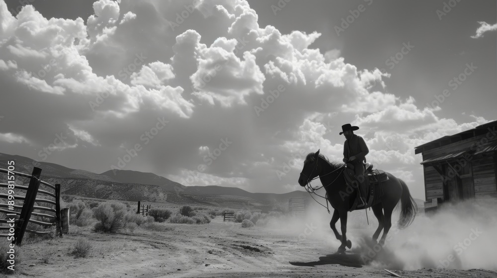 Fototapeta premium A cowboy on horseback rides through a dusty path in a rural setting. Dramatic clouds fill the sky, enhancing the rugged and adventurous mood of the scene, typical of the American West.