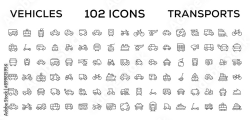 Travel and Transport line icon set. Containing car, bike, plane, train, bicycle, motorbike, bus and scooter icons. Transportation Simple line icon collections