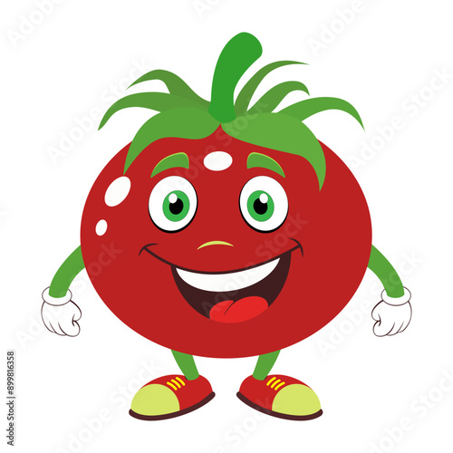 Illustration of a red smiling tomato with arms and legs.Vector illustration on a white background.Suitable for labels, corporate identities, decorative elements.