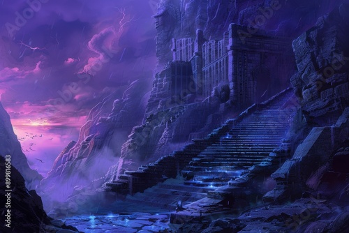 Ancient temple ruins on a stormy night with a beautiful sky