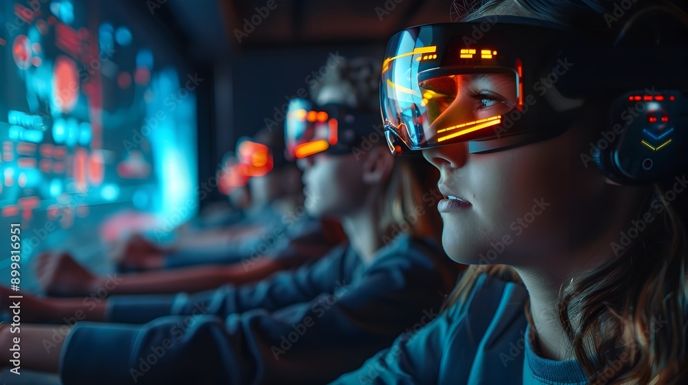 Obraz premium Futuristic Classroom with Students Using Augmented Reality Headsets for Immersive Learning Experiences