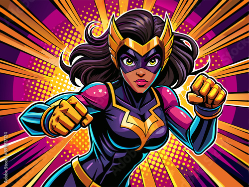 Pop art comic book style super heroine Wearing a mask punching with female superhero costume poster.