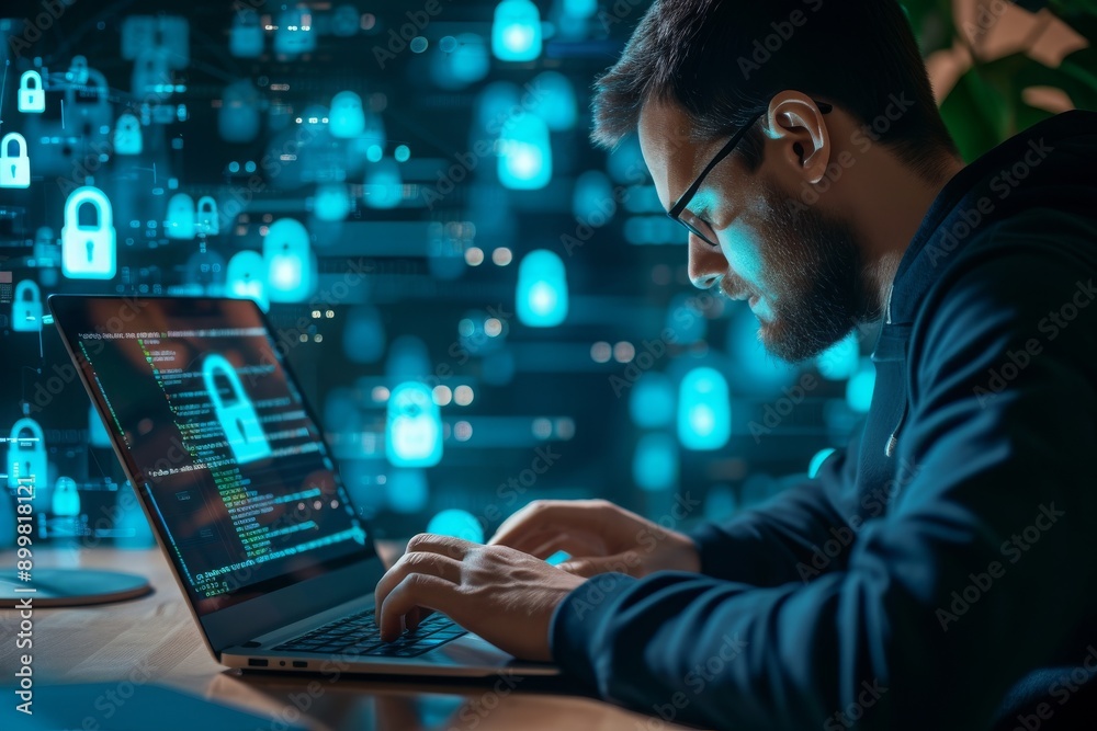 A cybersecurity expert works late into the night on a laptop, surrounded by digital blue security icons A cybersecurity expert works late into the night on a laptop, surrounded by digital blue security icons