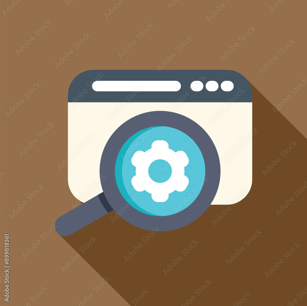 Magnifying glass with gear wheel analyzing website browser window, finding a solution for website development Magnifying glass with gear wheel analyzing website browser window, finding a solution for website development
