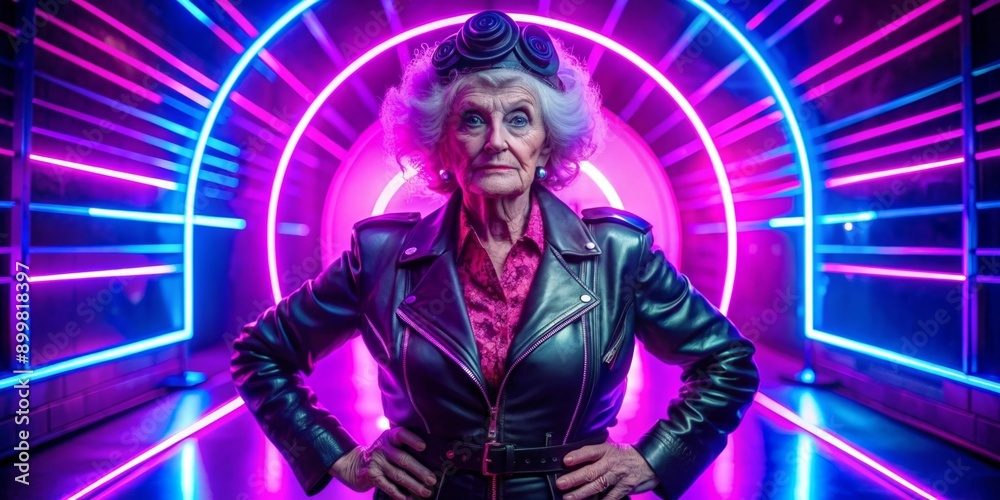 Stylish Senior Woman in Neon Lights Stylish Senior Woman in Neon Lights