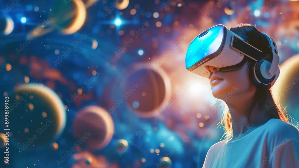 A young woman wearing a VR headset explores a vibrant virtual galaxy. The scene is filled with colorful planets and stars, providing an immersive space adventure. The mood is awe and wonder. A young woman wearing a VR headset explores a vibrant virtual galaxy. The scene is filled with colorful planets and stars, providing an immersive space adventure. The mood is awe and wonder.