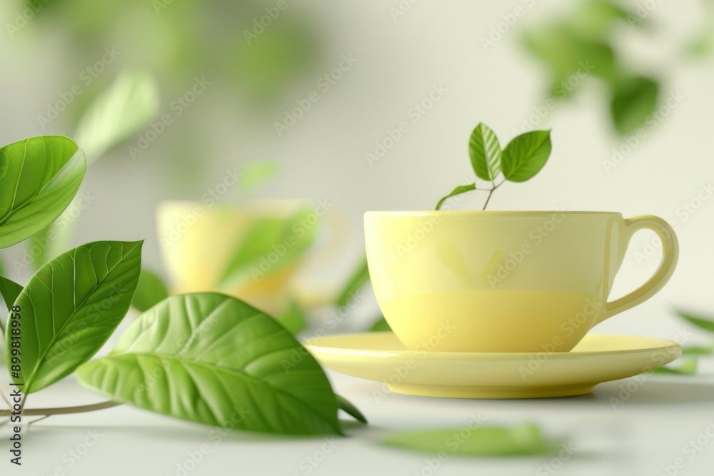 Fresh Green Tea in Yellow Cup with Leaves and Soft Green Background Fresh Green Tea in Yellow Cup with Leaves and Soft Green Background
